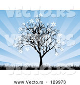Vector of a Silhouetted Tree with Snowflakes Sticking to the Tips of the Branches, with Tall Grasses and a Bursting Blue Background by KJ Pargeter