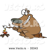 Vector of a Smiling Cartoon Bear Roasting a Marshmallow over a Campfire by Toonaday