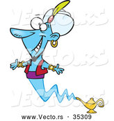 Vector of a Smiling Cartoon Blue Genie Greeting from a Gold Lamp by Toonaday