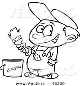 Vector of a Smiling Cartoon Boy Holding a Paintbrush Above a Bucket of Green Paint - Coloring Page Outline by Toonaday