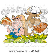 Vector of a Smiling Cartoon Chef Pig and Cow with Corn, Steak and BBQ Ribs by LaffToon