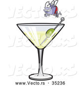 Vector of a Smiling Cartoon Fly over a Full Martini Glass with an Olive by Toonaday