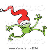Vector of a Smiling Cartoon Green Frog Running with a Santa Hat over His Head by Zooco