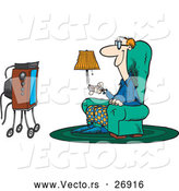 Vector of a Smiling Cartoon Man Sitting on a Chair in Front of an Old Tv on Wheels by Toonaday