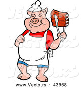 Vector of a Smiling Cartoon Pig Chef Holding up Tasty BBQ Ribs with Tongs by LaffToon