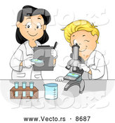 Vector of a Smiling Cartoon School Boy and Female Teacher Viewing Microscope Samples by BNP Design Studio