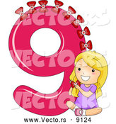 Vector of a Smiling Cartoon School Girl Putting 9 Bows on the Number Nine by BNP Design Studio