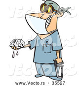 Vector of a Smiling Cartoon Surgeon Holding a Saw and Brain Dripping Fluid by Toonaday