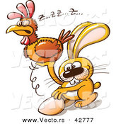 Vector of a Sneaky Easter Bunny Stealing Eggs from a Sleeping Hen by Zooco