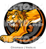 Vector of a Stalking Lion Mascot Stepping out from a Dark Circle Cave Icon by Chromaco