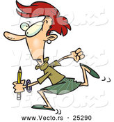 Vector of a Stressed Cartoon Woman Running with a Pencil by Toonaday