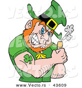 Vector of a Strong Cartoon Leprechaun Smoking a Pipe While Flexing His Big Tattooed Arm Muscles by LaffToon