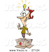 Vector of a Thinking Businesswoman Standing on a Box with a Light Bulb Floating Above Her Head - Cartoon Style by Toonaday