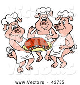 Vector of a Three Happy Cartoon Chef Pigs Serving Platter Full of Fresh BBQ Pork Ribs by LaffToon