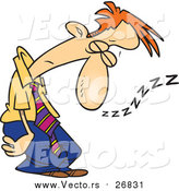 Vector of a Tired Cartoon Red Haired White Businessman Sleeping Standing up by Toonaday