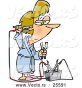 Vector of a Tired Cartoon Woman Trying to Jump Start Her Brain with a Battery and Jumper Cables by Toonaday