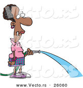 Vector of a Uncomfortable Cartoon Black Woman Watering with a Garden Hose by Toonaday