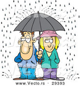 Vector of a Unhappy Cartoon Man and Woman Sharing an Umbrella in the Rain by Toonaday
