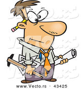 Vector of a Veteran Cartoon Male Engineer with Blueprints and Tools by Toonaday