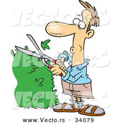 Vector of a Whistling Cartoon Man Trimming Overgrown Hedge Bush Shrub by Toonaday