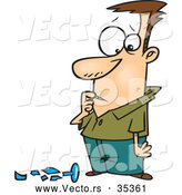 Vector of a Worried Cartoon Man Standing over an Expensive Broken Glass Cup by Toonaday