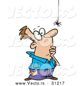 Vector of a Worried Man Looking at Blackwidow Spider Dropping down from Web - Cartoon Style by Toonaday