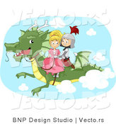 Vector of a Young Cartoon Knight and Princess Riding a Dragon by BNP Design Studio