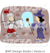 Vector of a Young Cartoon Knight Fighting a Witch by BNP Design Studio