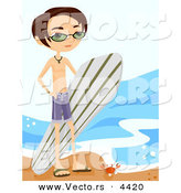 Vector of a Young Cartoon Surfer Boy Carrying His Surfboard Beside a Beach with a Crab by BNP Design Studio