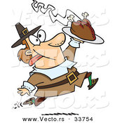 Vector of an Excited Cartoon Pilgrim Man Running with a Hot Turkey on a Serving Tray by Toonaday