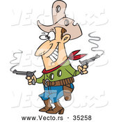 Vector of an Excited Cartoon Walking Dead Cowboy Shooting Pistols with Bullet Holes Through His Chest and Hat by Toonaday
