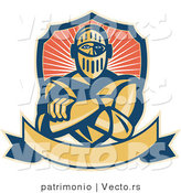 Vector of an Intimidating Knight with Crossed Arms Above a Blank Banner with Shield in Background by Patrimonio