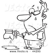 Vector of an Upset Cartoon Tearing Man Holding a Broken Coffee Pot - Coloring Page Outline by Toonaday