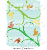 Vector of Birds on Vines over Blue with White Grunge Borders by
