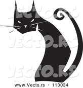 Vector of Black and White Woodcut Black Cat Sitting and Looking Back by Xunantunich