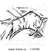 Vector of Black and White Woodcut Bullfighting Bull Stabbed with Spears by Xunantunich