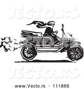Vector of Black and White Woodcut Woman Wearing a Scarf and Driving an Antique Model T Car by Xunantunich