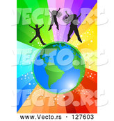 Vector of Black Girls and a Boy Jumping Above Planet Earth over a Starry Rainbow Burst Background by MilsiArt