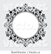 Vector of Blank Circle Frame Surrounded by Black Vines over Gray Floral Pattern - Digital Background by BestVector