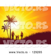 Vector of Bright Orange Sunset Burst Silhouetting a Family Walking and Holding Hands near Palm Trees on a Grassy Hill by KJ Pargeter