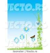Vector of Butterflies with Blue Flowers, Vines and Grass Against a Blue Sky - Background Design with Copyspace by