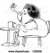 Vector of Cartoon Black and White Chubby Lady Sitting with Coffee at a Table and Waving by Djart