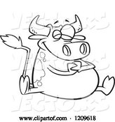 Vector of Cartoon Black and White Happy Fat Cow Sitting by Toonaday