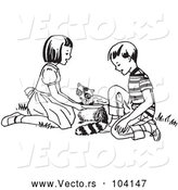 Vector of Cartoon Black and White KChildren Rescuing a Raccoon by Picsburg