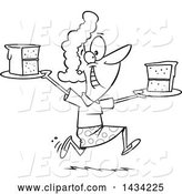 Vector of Cartoon Black and White Lineart Happy Lady Running with Slices of Cake by Toonaday