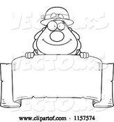 Vector of Cartoon Black and White Plump Leprechaun Looking over a Blank Banner by Cory Thoman