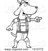 Vector of Cartoon Black and White Skinny German Oktoberfest Dachshund Dog Wearing Lederhosen and Pointing to the Right by Cory Thoman