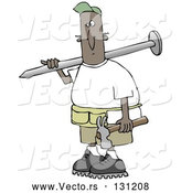 Vector of Cartoon Black Construction Worker Guy with a Giant Nail on His Shoulder, Carrying a Hammer in His Hand by Djart