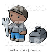 Vector of Cartoon Black Contractor Guy Holding Wrench Beside Toolbox by Leo Blanchette