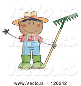 Vector of Cartoon Black Farmer Boy Holding a Rake and Waving by Hit Toon